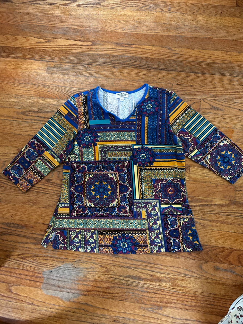 Norm Thompson Patchwork Medallion Long Sleeve Top - Blue & Gold